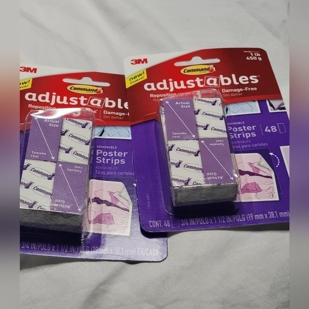 2 PK BUNDLE 3M COMMAND ADJUSTABLE POSTER STRIPS. 48 PER PK X 2 PKS= 96 STRIPS